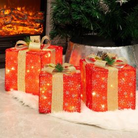 Set of 3 Christmas Lighted Gift Boxes, 50 LED Christmas Box Decorations, Presents Boxes with Ribbon Bows Christmas Decorations for Xmas Tree, Yar