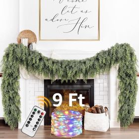 Cedar Christmas Garland with Lights for Mantle - Decorations 9ft Realistic Lighted Faux Pine Garlands for Xmas Home Decoration Indoor Stairs Rail