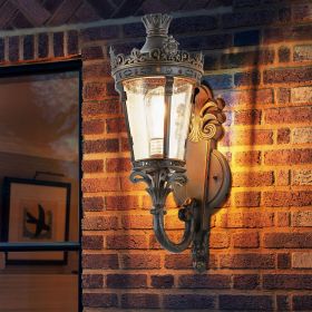 21"(H) Vintage Outdoor Wall Lantern, Waterproof Exterior Wall Sconce with Crown Top and Clear Glass, Decorative Outdoor Lighting Fixture for Pati