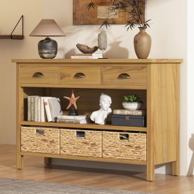 Vintage Console Table with Drawers,Water Hyacinth Woven Baskets,Multi-Color Options,Ideal for Entryway and Living Room (Color: Natural, Material: MDF)